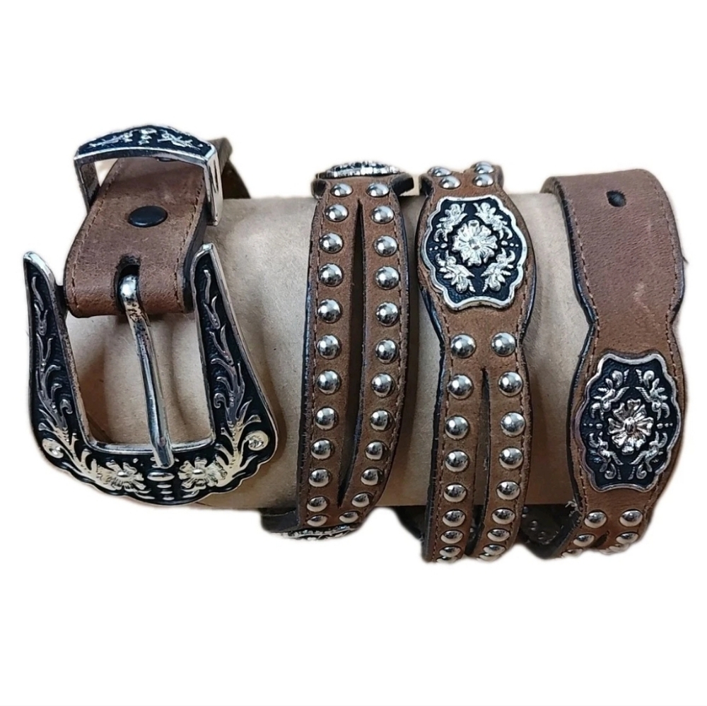 Vtg Nocona 3012044 Western Cut Away Brown Leather Studded Belt Adult Sz 36-40"